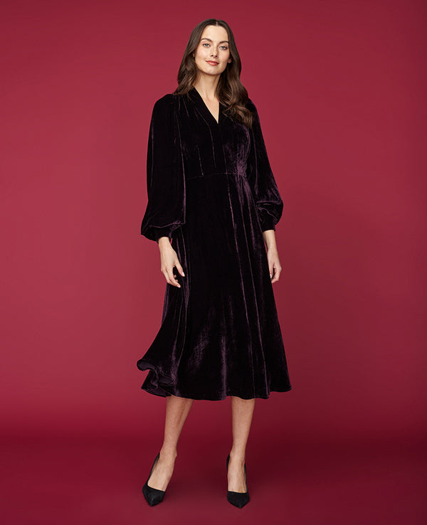 CASSANDRA MIDI DRESS SOLID PLUM SILK VELVET